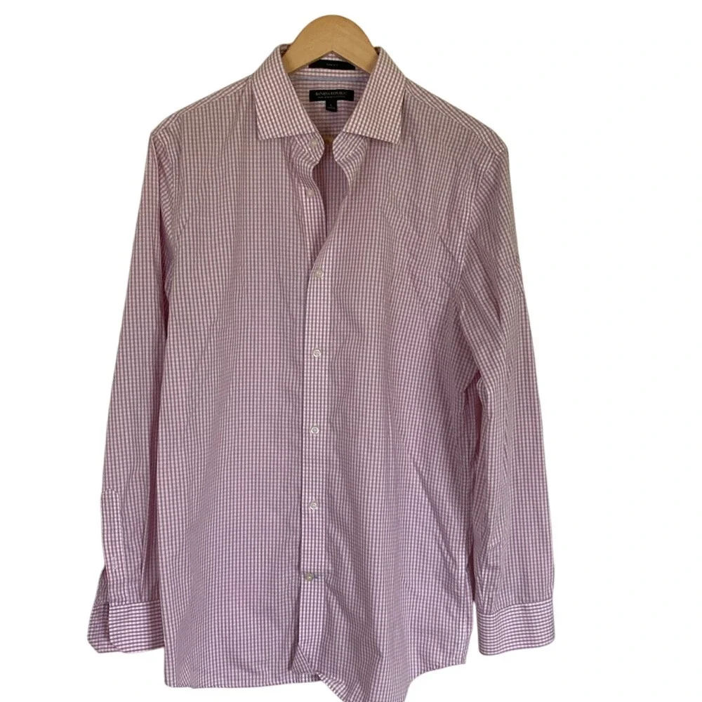 Banana Republic Mens Pink Plaid No Iron Cotton Button Up Shirt‎ Size Large Slim